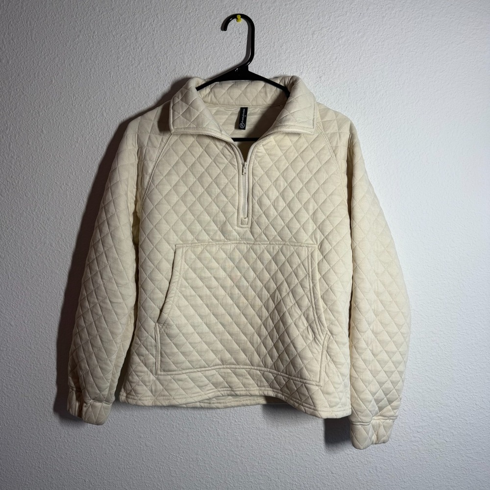 PrettyGarden Quilted Sweatshirt Womens Small Cream Mock Neck Quarter Zip Winter